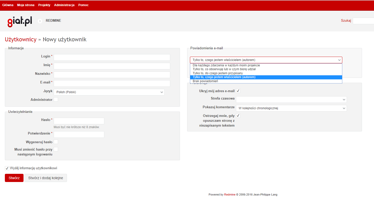 Dodawanie użytkowników Redmine i projektu