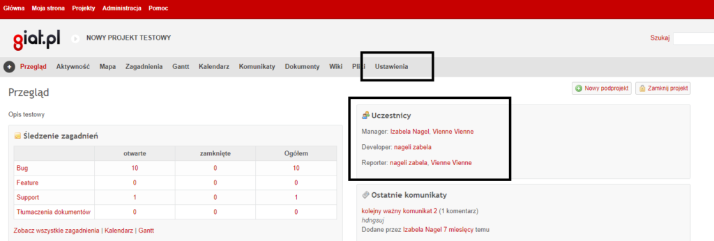 Dodawanie użytkowników Redmine i projektu