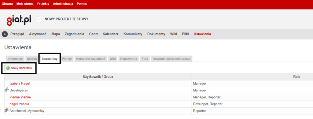 Dodawanie użytkowników Redmine i projektu