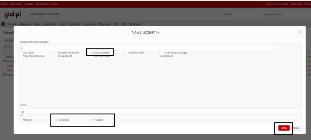 Dodawanie użytkowników Redmine i projektu