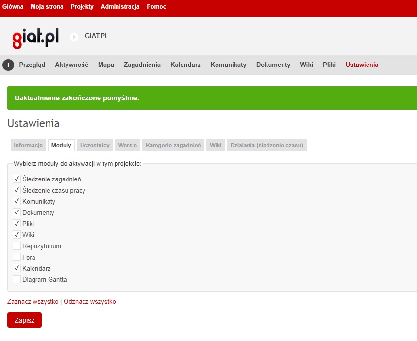 Redmine - Moduły zmiana