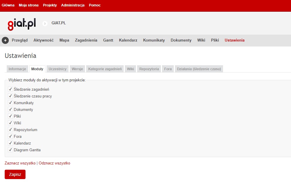Redmine - Moduły zmiana