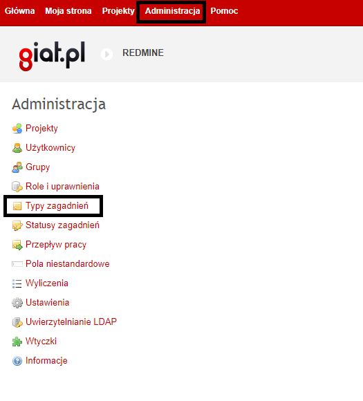 Redmine Typy Zagadnien