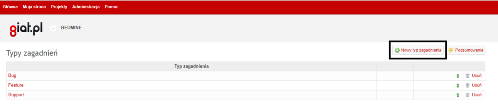 Redmine Typy Zagadnien