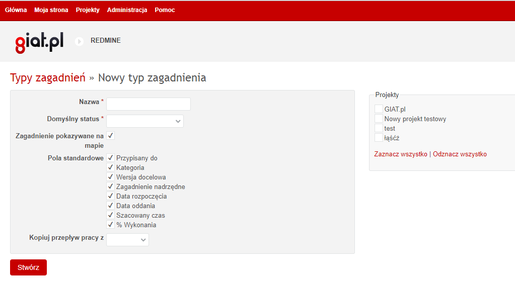 Redmine Typy Zagadnien