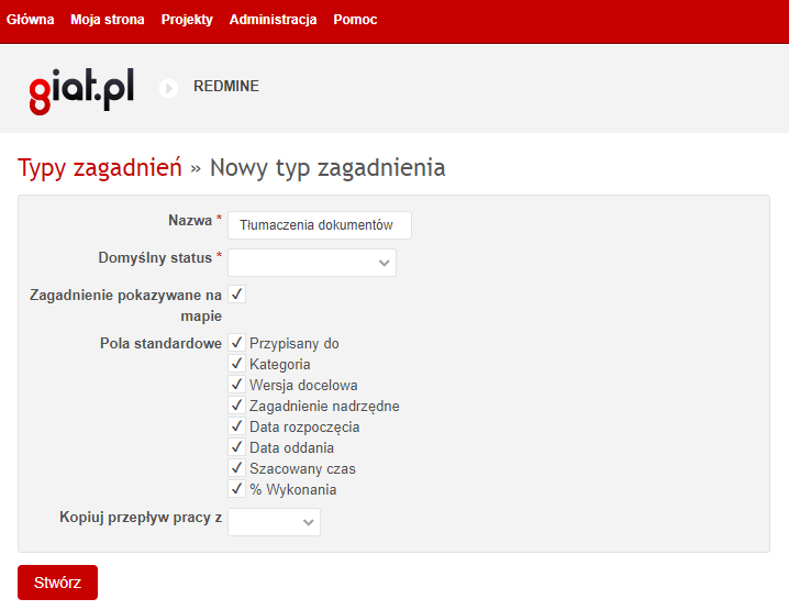 Redmine Typy Zagadnien