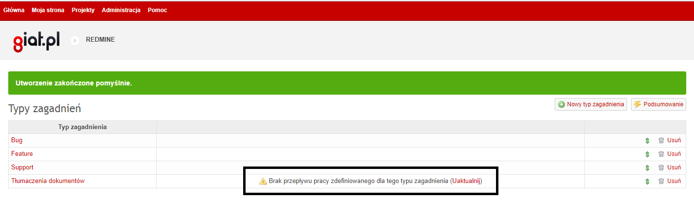 Redmine Typy Zagadnien