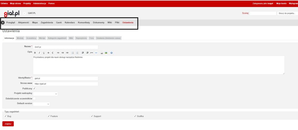 Redmine - pasek nawigacji projektu