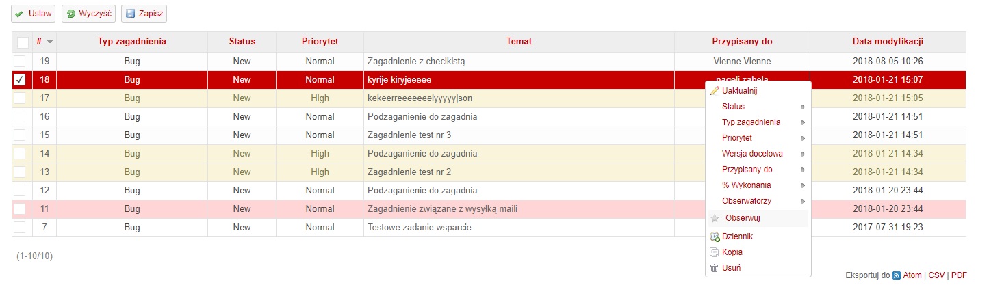 Redmine - prawy przycisk